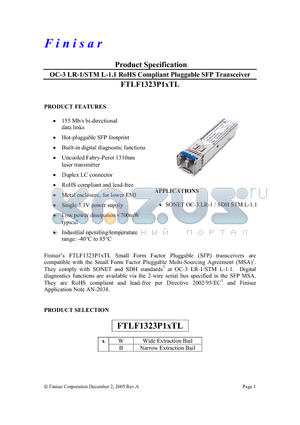 FTLF1323P1WTL datasheet - OC-3 LR-1/STM L-1.1 RoHS Compliant Pluggable SFP Transceiver