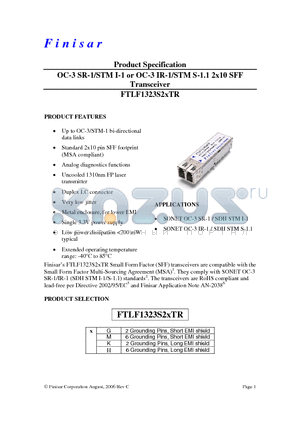 FTLF1323S2GTR datasheet - OC-3 SR-1/STM I-1 or OC-3 IR-1/STM S-1.1 2x10 SFF Transceiver
