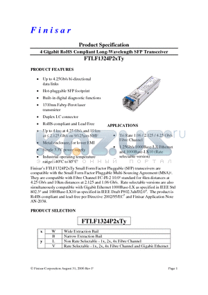 FTLF1324P2BTV datasheet - 4 Gigabit RoHS Compliant Long-Wavelength SFP Transceiver