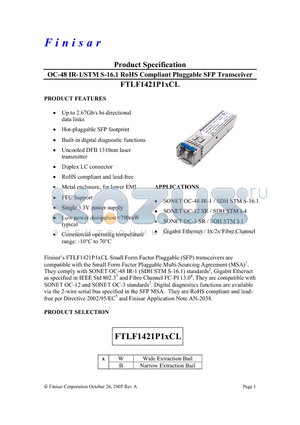 FTLF1421P1BCL datasheet - OC-48 IR-1/STM S-16.1 RoHS Compliant Pluggable SFP Transceiver