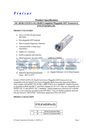 FTLF1421P1BTL datasheet - OC-48 IR-1/STM S-16.1 RoHS Compliant Pluggable SFP Transceiver