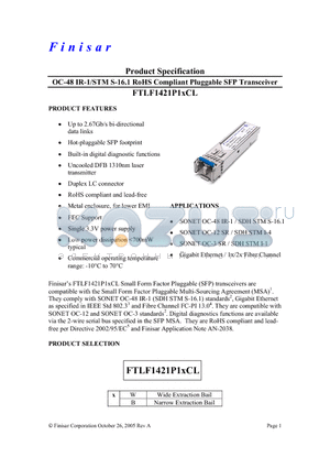 FTLF1421P1WCL datasheet - OC-48 IR-1/STM S-16.1 RoHS Compliant Pluggable SFP Transceiver