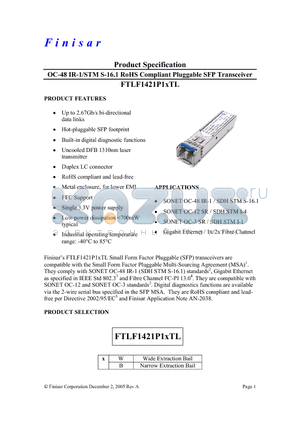 FTLF1421P1WTL datasheet - OC-48 IR-1/STM S-16.1 RoHS Compliant Pluggable SFP Transceiver