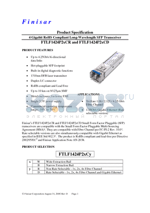 FTLF1424P2BCD datasheet - 4 Gigabit RoHS Compliant Long-Wavelength SFP Transceiver