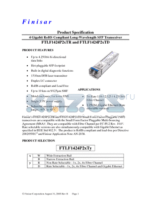 FTLF1424WTR datasheet - 4 Gigabit RoHS Compliant Long-Wavelength SFP Transceiver