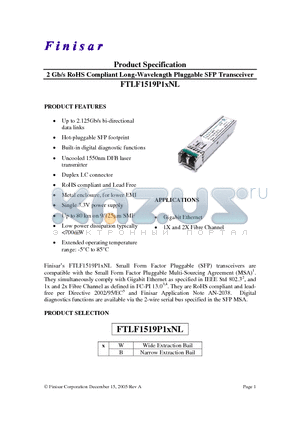 FTLF1519P1WNL datasheet - 2 Gb/s RoHS Compliant Long-Wavelength Pluggable SFP Transceiver