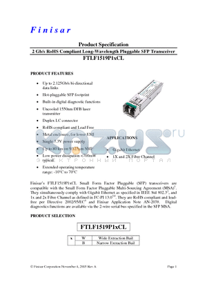 FTLF1519P1BCL datasheet - 2 Gb/s RoHS Compliant Long-Wavelength Pluggable SFP Transceiver