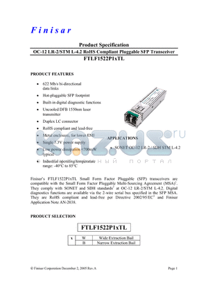 FTLF1522P1WTL datasheet - OC-12 LR-2/STM L-4.2 RoHS Compliant Pluggable SFP Transceiver