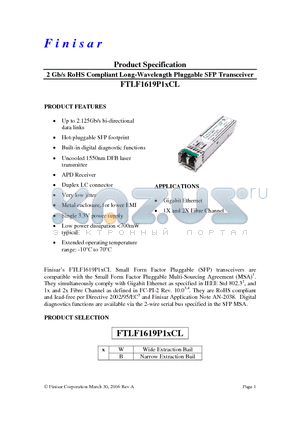 FTLF1619P1BCL datasheet - 2 Gb/s RoHS Compliant Long-Wavelength Pluggable SFP Transceiver