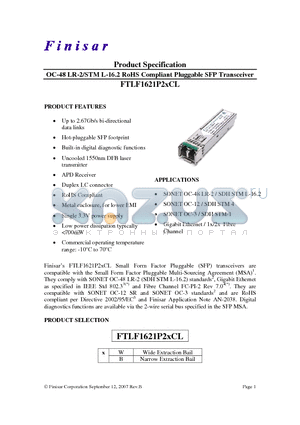 FTLF1621P2BCL datasheet - OC-48 LR-2/STM L-16.2 RoHS Compliant Pluggable SFP Transceiver