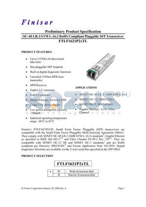 FTLF1621P2BTL datasheet - OC-48 LR-2/STM L-16.2 RoHS Compliant Pluggable SFP Transceiver