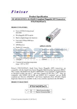 FTLF1621P2WCL datasheet - OC-48 LR-2/STM L-16.2 RoHS Compliant Pluggable SFP Transceiver