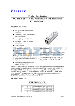 FTLF1621S1GCL datasheet - OC-48 LR-2/STM L-16.2 Multirate 2x10 SFF Transceiver