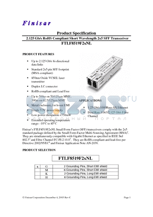 FTLF8519F2GNL datasheet - 2.125 Gb/s RoHS Compliant Short Wavelength 2x5 SFF Transceiver