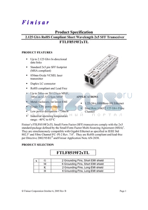 FTLF8519F2GTL datasheet - 2.125 Gb/s RoHS Compliant Short Wavelength 2x5 SFF Transceiver