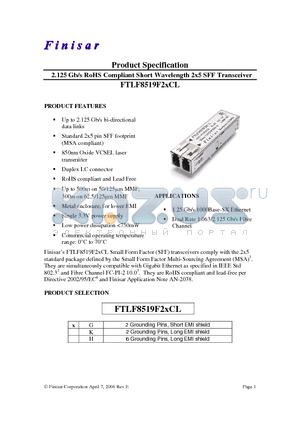 FTLF8519F2HCL datasheet - 2.125 Gb/s RoHS Compliant Short Wavelength 2x5 SFF Transceiver