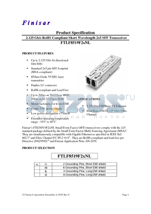 FTLF8519F2MNL datasheet - 2.125 Gb/s RoHS Compliant Short Wavelength 2x5 SFF Transceiver