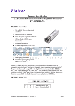 FTLF8519P2BNL datasheet - 2.125 Gb/s RoHS Compliant Short-Wavelength SFP Transceiver