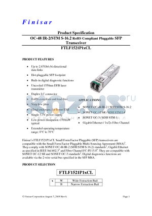 FTLF1521P1WCL datasheet - OC-48 IR-2/STM S-16.2 RoHS Compliant Pluggable SFP Transceiver