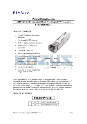 FTLF8519P2WTL datasheet - 2.125 Gb/s RoHS Compliant Short-Wavelength SFP Transceiver