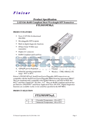 FTLF8519P3BYL datasheet - 2.125 Gb/s RoHS Compliant Short-Wavelength SFP Transceiver