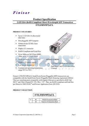 FTLF8519P2WCL datasheet - 2.125 Gb/s RoHS Compliant Short-Wavelength SFP Transceiver