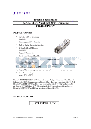 FTLF8528P2BCV datasheet - 8.5 Gb/s Short-Wavelength SFP Transceiver