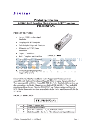 FTLF8524P2WNV datasheet - 4.25 Gb/s RoHS Compliant Short-Wavelength SFP Transceiver