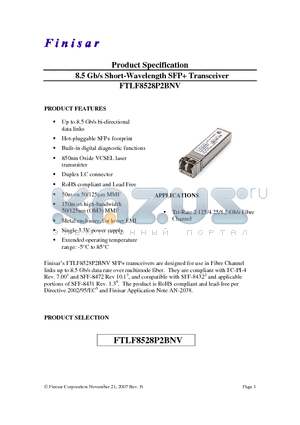 FTLF8528P2BNV datasheet - 8.5 Gb/s Short-Wavelength SFP Transceiver