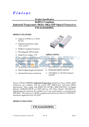 FTLX1412M3BTL datasheet - RoHS-6 Compliant Industrial Temperature 10Gb/s 10km XFP Optical Transceiver