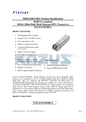 FTLX1371D3BCL datasheet - RoHS-6 Compliant 10Gb/s 220m Multi Mode Datacom SFP Transceiver