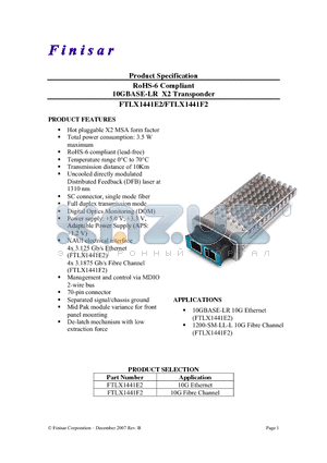FTLX1441E2 datasheet - RoHS-6 Compliant 10GBASE-LR X2 Transponder