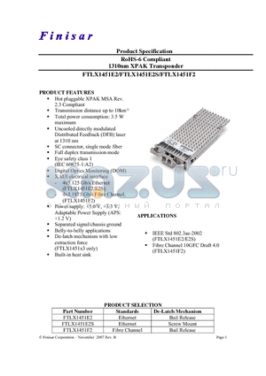 FTLX1451E2 datasheet - RoHS-6 Compliant 1310nm XPAK Transponder