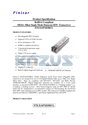 FTLX1471D3BCL datasheet - RoHS-6 Compliant 10Gb/s 10km Single Mode Datacom SFP Transceiver