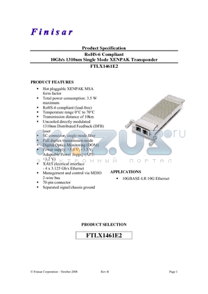 FTLX1461E2 datasheet - RoHS-6 Compliant 10Gb/s 1310nm Single Mode XENPAK Transponder