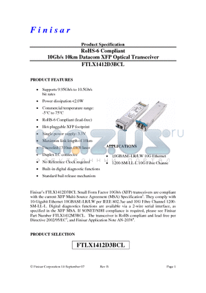 FTLX1412D3BCL datasheet - RoHS-6 Compliant 10Gb/s 10km Datacom XFP Optical Transceiver