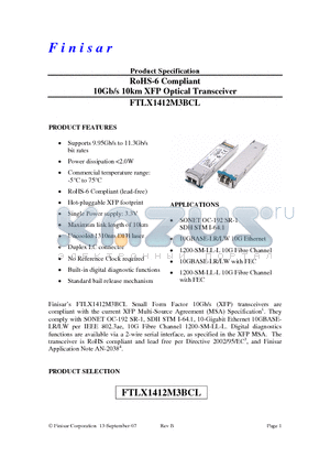 FTLX1412M3BCL datasheet - RoHS-6 Compliant 10Gb/s 10km XFP Optical Transceiver
