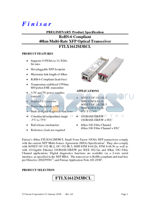 FTLX1612M3BCL datasheet - RoHS-6 Compliant 40km Multi-Rate XFP Optical Transceiver