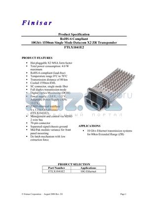 FTLX1841E2 datasheet - RoHS-6 Compliant 10Gb/s 1550nm Single Mode Datacom X2 ZR Transponder