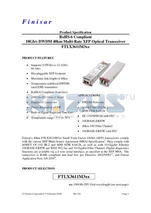 FTLX3611M317 datasheet - RoHS-6 Compliant 10Gb/s DWDM 40km Multi-Rate XFP Optical Transceiver