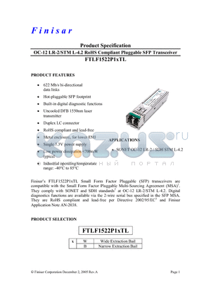 FTLF1522P1BTL datasheet - OC-12 LR-2/STM L-4.2 RoHS Compliant Pluggable SFP Transceiver