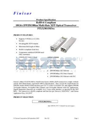 FTLX3811M324 datasheet - RoHS-6 Compliant 10Gb/s DWDM 80km Multi-Rate XFP Optical Transceiver