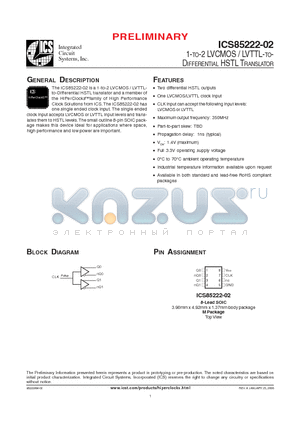 85222A02 datasheet - 1-TO-2 LVCMOS / LVTTL-TO DIFFERENTIAL HSTL TRANSLATOR