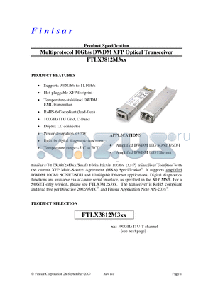 FTLX3812M317 datasheet - Multiprotocol 10Gb/s DWDM XFP Optical Transceiver