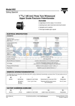 852B150KBO1 datasheet - 1 13/16inch (46 mm) Three Turn Wirewound Upper Grade Precision Potentiometer