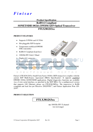 FTLX3812S324 datasheet - RoHS-6 Compliant SONET/SDH 10Gb/s DWDM XFP Optical Transceiver