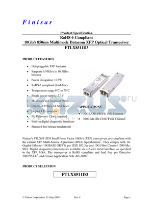 FTLX8511D3 datasheet - RoHS-6 Compliant 10Gb/s 850nm Multimode Datacom XFP Optical Transceiver