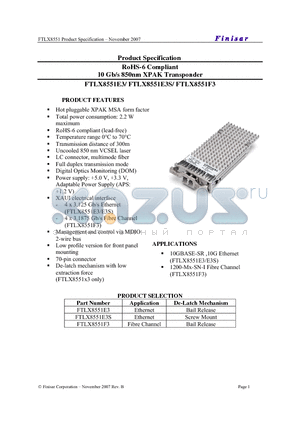 FTLX8551E3S datasheet - RoHS-6 Compliant 10 Gb/s 850nm XPAK Transponder