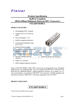 FTLX8571D3BCL datasheet - RoHS-6 Compliant 10Gb/s 850nm Multimode Datacom SFP Transceiver