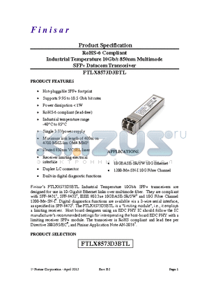 FTLX8573D3BTL datasheet - RoHS-6 Compliant Industrial Temperature 10Gb/s 850nm Multimode SFP Datacom Transceiver